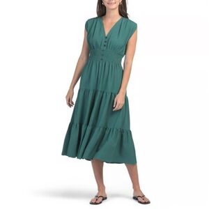 NWT Calvin Klein Boho "Sea" Green Smocked Waist Tiered Midi Dress - Size 12